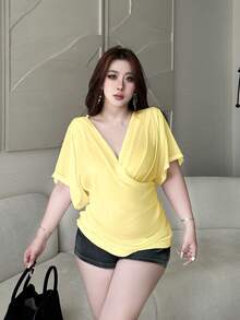 Vibekara 大码女装春夏新款白色交叉褶皱V领宽松短袖上衣，收腰优雅T恤，适合日常穿着、办公室、返校、感恩节、度假、开幕式、生日派对、音乐节、情人节等场合，春夏穿搭+科切拉音乐节/派对 - 黃色 - 查看 6