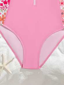 SHEIN Colorful Ditsy Floral Long Sleeve One-Piece Swimsuit, Fashionable, Casual, Elegant, Suitable For Swimming And Summer Vacation Beach - Pink - View 4