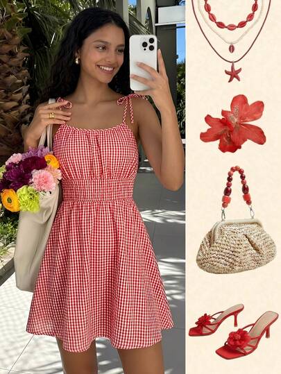 少女/女士休闲优雅格子吊带蝴蝶结腰身A字连衣裙，适合海滩、旅行、度假、春夏穿着