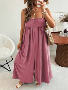 Ceyna Plus Size Women Solid Color Pleated Casual Jumpsuit With Wide Leg - Pink - View 5