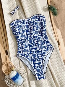 Slaydiva New Spring/Summer Blue & White Ocean Vacation Scalloped Hem High Cut Tropical Palm Tree & Seashell Print One-Piece Swimsuit For Women - Multicolor - View 6