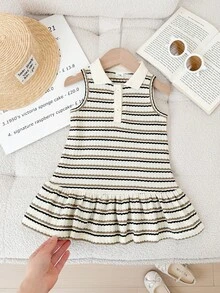女宝宝夏季休闲度假日常通勤撞色条纹印花 Polo 领荷叶边下摆无袖连衣裙 - 卡其色 - 查看 6