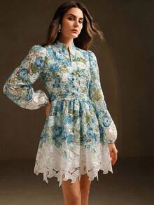 Anewsta Water-Soluble Embroidered Elegant Vacation Casual V-Neck Dress For Women Day Party White And Blue Floral Autumn - Blue - View 4