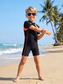 SHEIN Young Boy Color Block Round Neck Short Sleeve One-Piece Knit Swimsuit,Kids - Orange - View 6