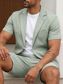 Manfinity Bizformal 男士夏季短袖西装外套及西装短裤套装，适合日常商务聚会、休闲时尚场合，也适合日常通勤。 - 綠色 - 查看 5