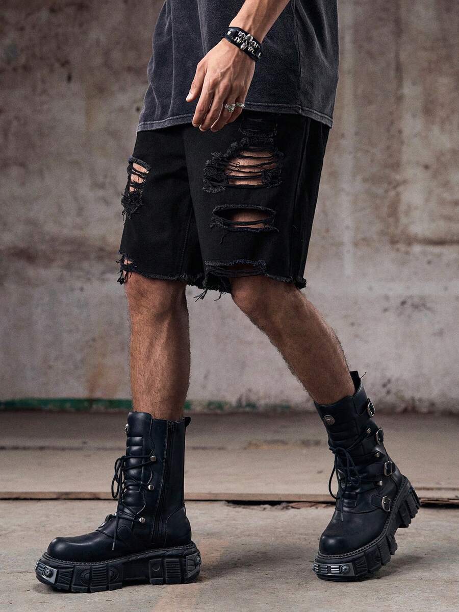 Skyrend Men Loose Fit Ripped Raw Hem Denim Shorts Distressed Design Jortsemo - Black - View 1
