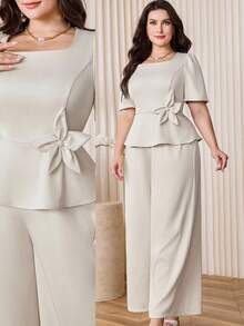 Modelyn 大码优雅纯色3D立体花卉装饰衬衫和裤子两件套，夏季 - 杏色 - 查看 9