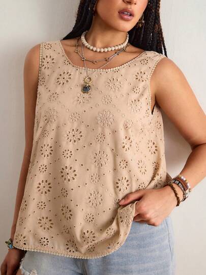 Freevana 法式镂空刺绣无袖上衣 – 圆领前襟，V 形后背蝴蝶结装饰，棉质镂空蕾丝下摆，宽松版型女士夏季休闲衬衫