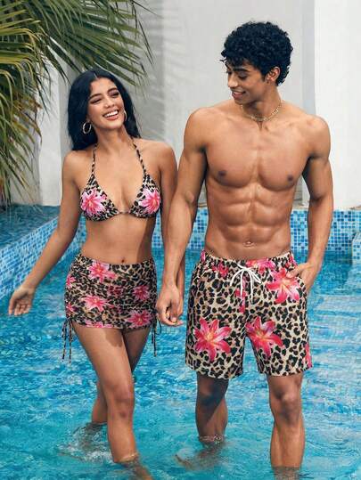 Manfinity Swimmode Shorts casuales de playa con cintura de cordón y estampado de leopardo y flores para hombres