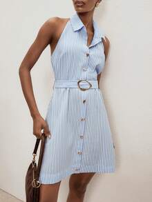 ATUI Studio 女士无袖条纹前开襟休闲夏季迷你连衣裙 - 藍白色 - 查看 4