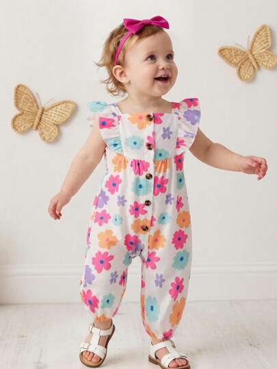 SHEIN Bộ áo liền quần không tay cổ vuông, viền bèo nhún in hoa cho bé gái, thích hợp cho các hoạt động ngoài trời mùa xuân/hè, kỳ nghỉ và mặc hàng ngày.