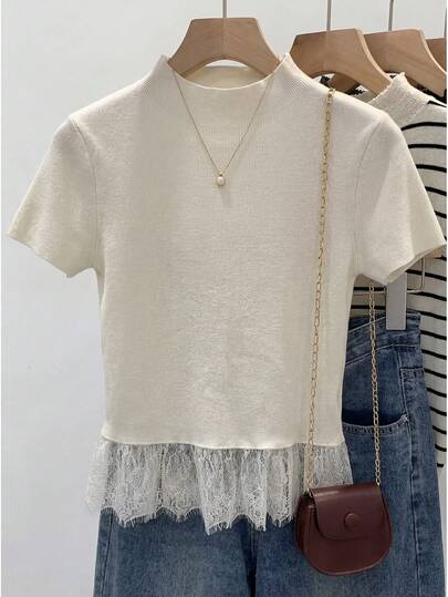 Franclia Women's Casual Short Sleeve Lace Trim Knit Top