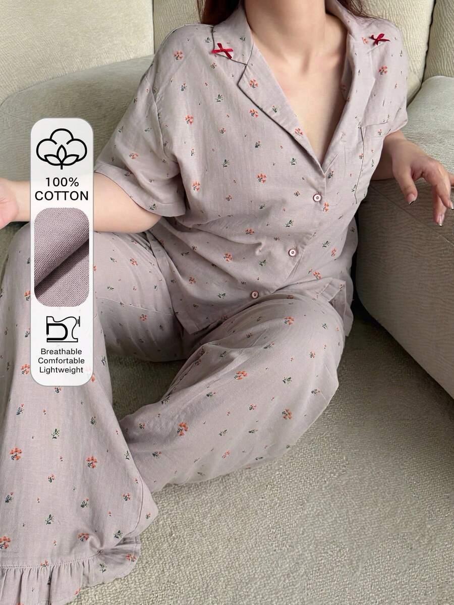 Dazy Plus 两件套可爱碎花图案宽松开衫短袖上衣搭配荷叶边长裤睡衣套装，大码女装春夏款 - 紫色 - 查看 1