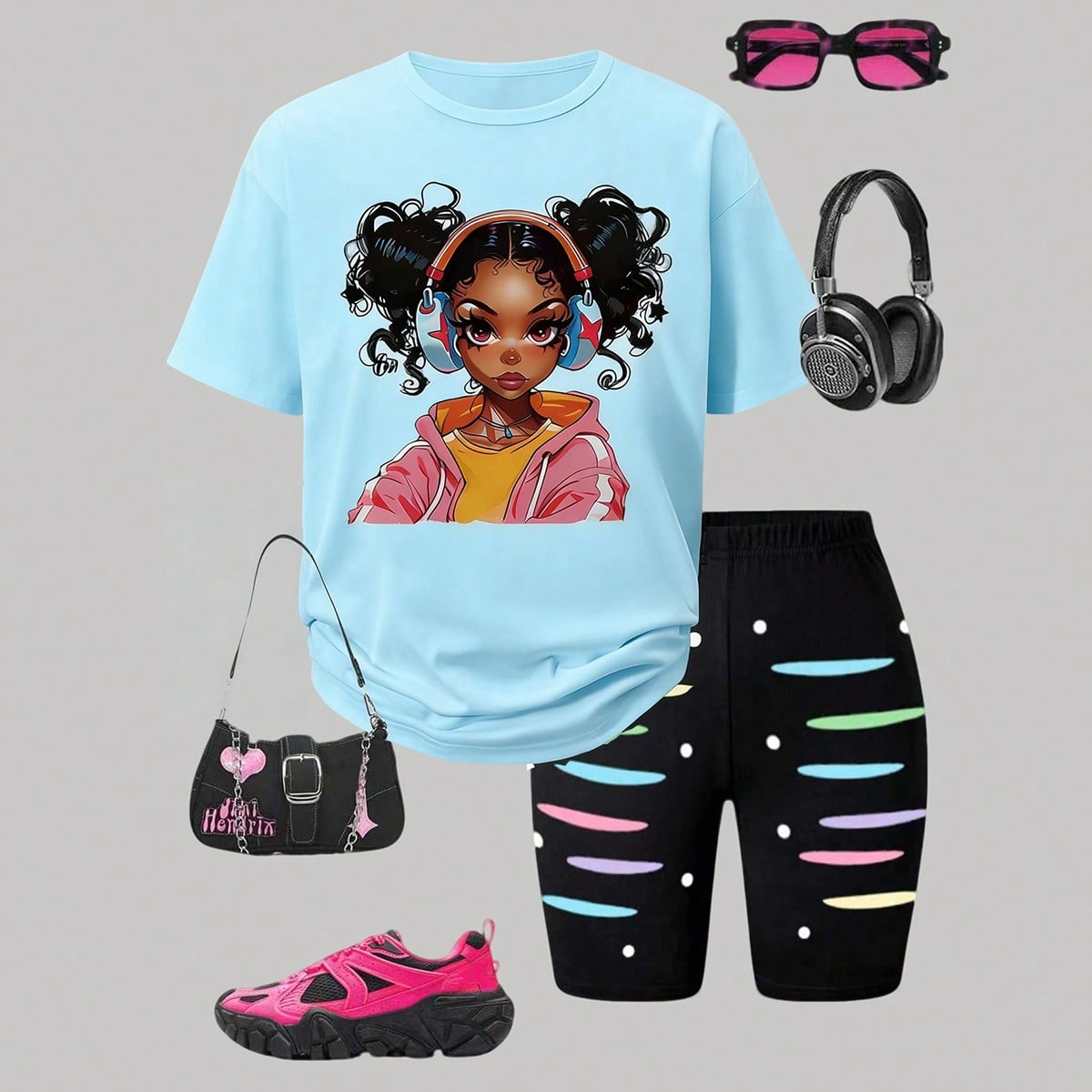 Set de 2 piezas de camiseta de manga corta estampada cómoda y shorts ajustados estampados, estilo callejero de moda para adolescentes, adecuado para