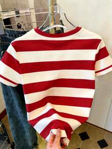 Camiseta de mujer de manga corta, cuello redondo y estampado de rayas, informal, para verano - Multicolor - Ver 2