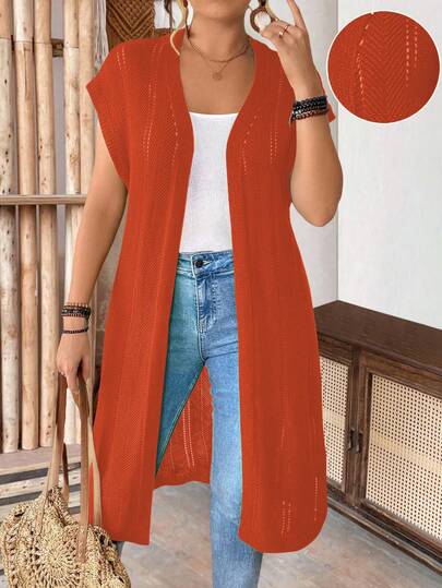 SHEIN LUNE 大码女式无袖镂空长款开衫，轻盈透气，适合度假、通勤、圣帕特里克节、春夏穿着。