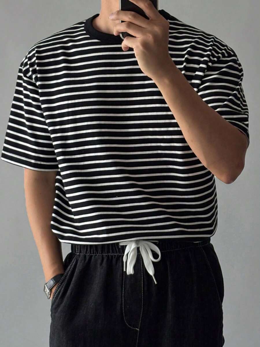 男士条纹彩色短袖T恤，夏季 - 黑色 - 查看 1