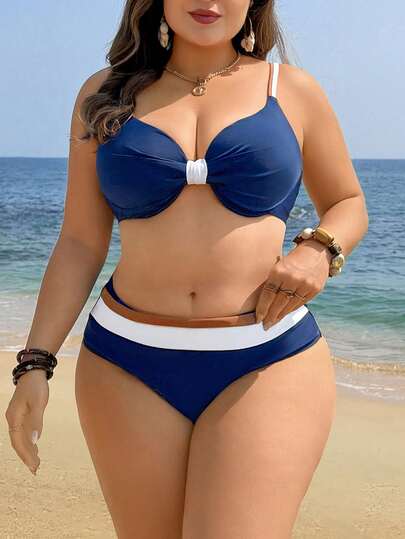 Swim Lushoire 2026 Spring/Summer Plus Size Women's Elegant Solid Color Two Pieces Swimsuit, High-End Padded Underwire, Adjustable Contrast Straps, Sexy Contrast Bra Band, High-End Metal Open Back Clasp Design, Personality High-Waist Contrast Waistband Swimshorts, Casual Chic Resort Beach Swimwear