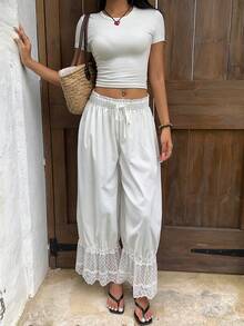 SHEIN Tall Women's Retro Lace Element Puff Pants - White - View 5