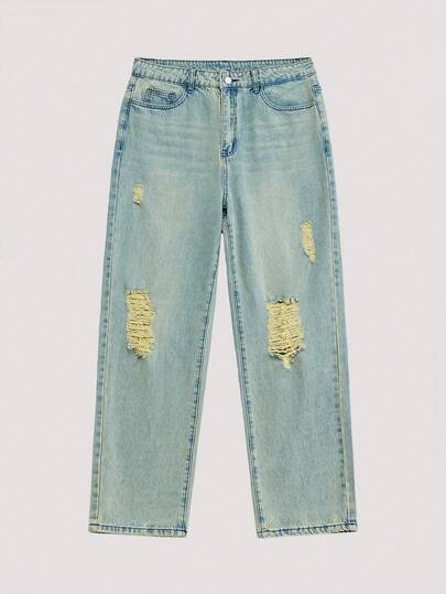 Open Phase Men's Light Blue Washed Denim Casual Straight Leg Jeans, Light Blue Wash, Distressed, Vintage Craftsmanship, Retro Style, Casual Versatile, Comfortable, Daily, Streetwear , Retro American, Unisex, Relaxed Fit Summer Outfits – Suitable For Everyday Wear And Summer Holiday Outfits.