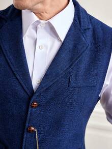Officeau Nuovo gilet da uomo in tweed spina di pesce, con bavero vintage, catena a cavallo e scollo a V, adatto per l'autunno e l'inverno - Blu Navy - Visualizzare 8