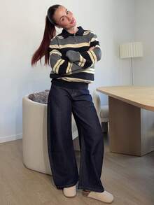 Abrilcols 女士休闲条纹高领毛衣，秋季 - 灰色 - 查看 5