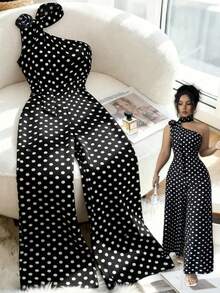 GlowEve CURVE Bộ jumpsuit nữ cỡ lớn thanh lịch màu đen trắng chấm bi cổ lệch, thích hợp mặc đi làm, mùa xuân/hè. - màu đen - Xem 1