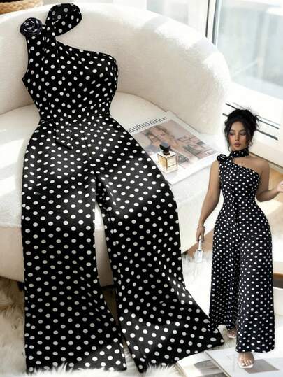 GlowEve CURVE Plus Size Women's Elegant Black & White Polka Dot Asymmetric Neck Jumpsuit, Suitable For Commuting, Spring/Summer