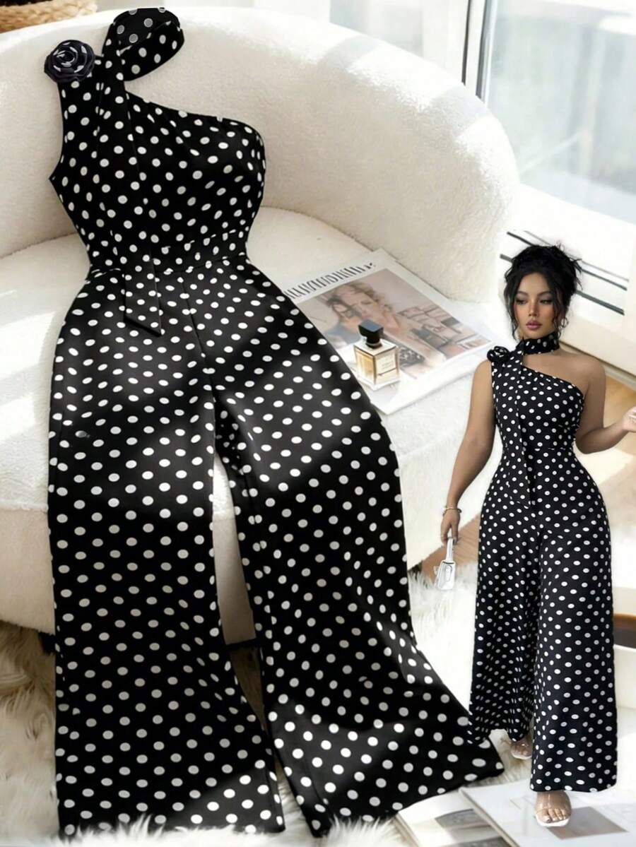 GlowEve CURVE Bộ jumpsuit nữ cỡ lớn thanh lịch màu đen trắng chấm bi cổ lệch, thích hợp mặc đi làm, mùa xuân/hè. - màu đen - Xem 1