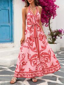 Vivid Eden Vestido Casual de Verão Feminino com Estampa Completa e Decote Halter Sem Costas - Rosa chiclete - Visão 5