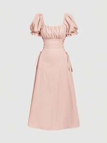 SHEIN MOD Đầm nữ màu trơn tay phồng, thắt eo, dài đến đầu gối - Màu Hồng baby - Xem 3
