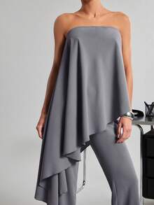 SHEIN Haute Bộ đồ nữ 2 mảnh gợi cảm, thoải mái, thích hợp cho công sở, gồm áo quây dáng rộng và quần dài ống loe. - Xám - Xem 5