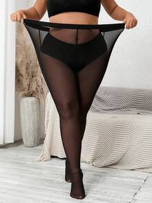 SHEIN PETITE CURVE 新款加大码女式小码黑色紧身裤，防滑过膝长筒袜，黑色网纱拼接打底裤，休闲日常穿着，高腰设计让您看起来更苗条，腿部更修长，适合娇小身材的女性。适合所有季节和场合，适合娇小女孩和女性，夏季打底裤。 - 黑色 - 查看 4