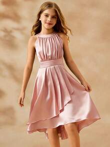 SHEIN 优雅的婚礼花童礼服，雪纺花卉露背无袖中长连衣裙，时尚蓬蓬公主裙 - 粉色 - 查看 5