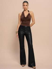 Olia Maree 复古修身低腰喇叭裤，PU材质，显瘦办公服 - 黑色 - 查看 3