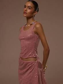 MUSERA Áo dệt kim ôm sát cổ tròn đính sequin, gợi cảm, dễ thương, thích hợp cho mùa hè, kỳ nghỉ, đi chơi, phong cách Ibiza, thanh lịch, hoàng hôn, có dây buộc. - Bụi hồng - Xem 3