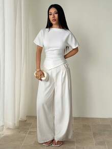 SHEIN PETITE Áo thun nữ cổ tròn xếp ly thanh lịch, phù hợp cho mọi mùa. - trắng - Xem 8