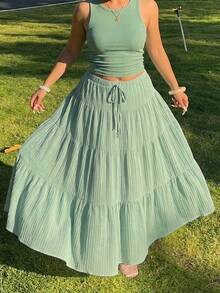 GalTyme Mint Green Round Neck Tank Top And Midi Skirt Casual 2 Pieces Set, Plus Size - Mint Green - View 2