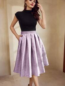 Vintamour 复古优雅女士提花缎面黑色半身裙，带口袋和喇叭裙摆，镂空设计，适合感恩节、公主风、音乐会等场合穿着。 - 淡紫色 - 查看 4