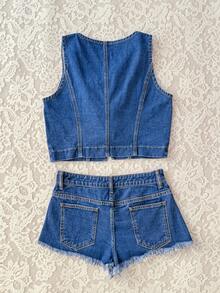Soleia Beach Outfit For Women Summer Outfits  Vacation Outfits Women Women's Casual Tie-Up Vest And Denim Shorts Set, Summer - Blue - View 2