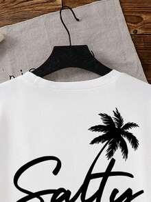 Blusa de manga corta oversize para niñas, con estampado gráfico de letras y palmeras, camiseta blanca de cuello redondo casual, cómoda y versátil para todas las estaciones - Blanco - Ver 6