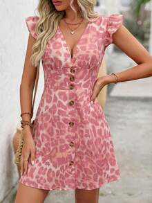 EMERY ROSE Vestido corto de verano con escote en V profundo, volantes en las mangas y cintura ceñida, con estampado de leopardo, estilo sexy de vacaciones para mujer - Rosa - Ver 3