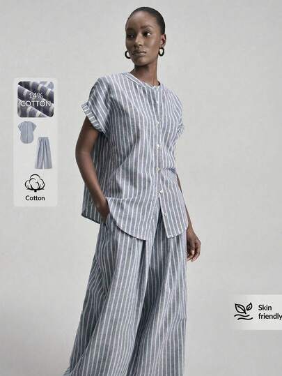 Ontre Women's Blue & Apricot Striped Batwing Sleeve Short Sleeve Shirt, Vertical Stripes Slimming Elastic Waist Pants, Modern Elegant Wedding Guest Outfit, Minimalist Romantic French Chic Luxurious Urban Fashion Business Casual Office Wear, Low-Key Old Money Vibe High-End Feel, Urban Commute High-Quality Airport Cruise Outfit, Middle East Essential Outfit, Versatile Four Seasons, Wedding Series, Vacation Ladies Two Pieces Set Women Shirt And Pants Set Women S Summer Co Ord Women Clothing