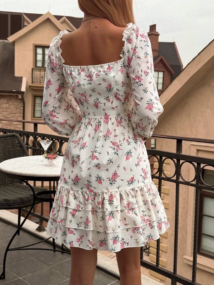 Elegant Pink Square Neck Frill Trim Ditsy Floral Tie-Waist Cotton Mini Dress, Suitable For Summer Holiday & Party Boho