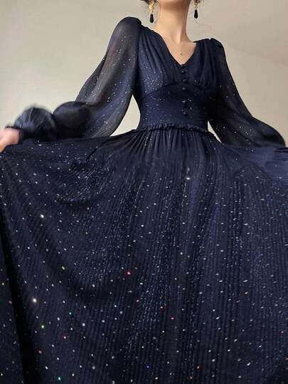 DAZY Women's Elegant V-Neck Long Sleeve Dress Sparkly Dress