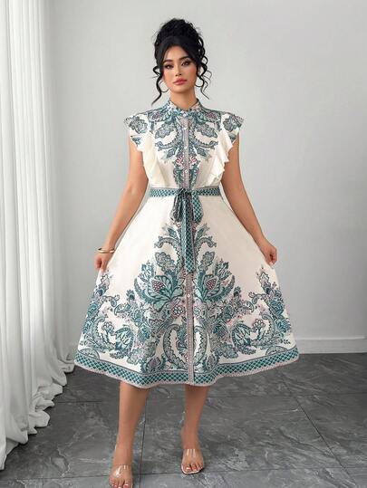 Elenzga 大码女士系带复古印花休闲度假连衣裙，优雅浪漫