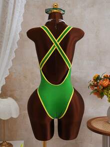 Swim Mod Women's One-Piece Swimsuit, Sexy Green Floral Print Beach Vacation Outfit, Spring/Summer - Green - View 6