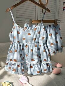 CovetEZ Bộ đồ ngủ hai mảnh hình gấu bông màu xanh dương dành cho nữ, áo hai dây viền ren, bộ đồ ngủ hình gấu bông kẻ caro dễ thương, bộ đồ mặc nhà thanh lịch gồm 2 mảnh. - Xanh và trắng - Xem 2