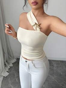 Flora Isola Flora Isola Women's Beige Summer Casual Sexy Beach Vacation Holiday Starfish One Shoulder Fitted Top,Sequin Ditsy Floral Mini Skirt Set,Elegant Party Date Fashion - Apricot - View 5
