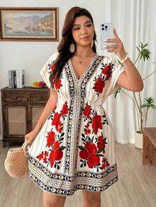 Weeklong Plus Size Elegant Floral Print V-Neck Batwing Sleeve Bohemian Maxi Dress, Summer - Multicolor - View 5